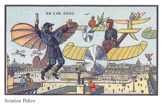 Ilustración del siglo pasado imaginando como sería el mundo en el año 2000 con un policia volador multando a un avion particular.