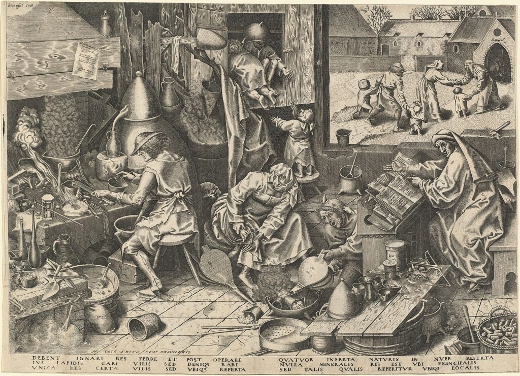 Grabado de un Bruegel titulado El viejo alquimista