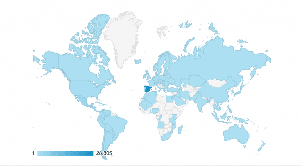 Mapa de tráfico de Google Analytics por país. 