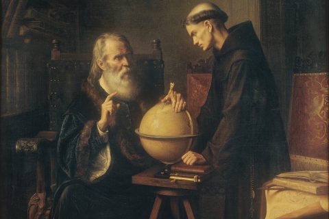 Galileo explicando astronomía sobre un globo terraqueo. Algo así como explicar las respuestas de las universidades