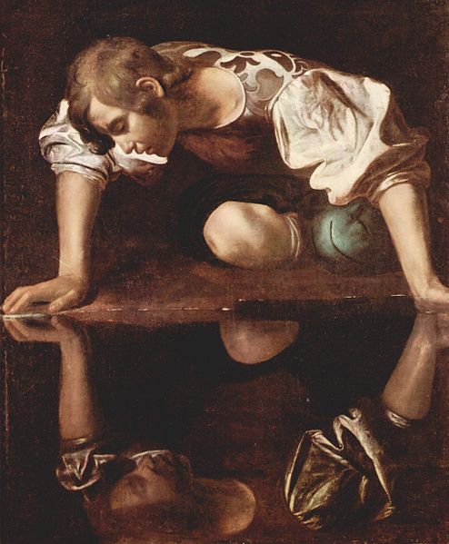 Cuadro de Narciso de Caravaggio mirándose en el espejo.