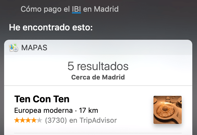 diálogo con Siri "cómo pago el IBI en Madrid" a lo que responde con 5 propuestas de restaurantes. 