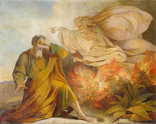 Dios se aparece como zarza ardiendo a Moisés.