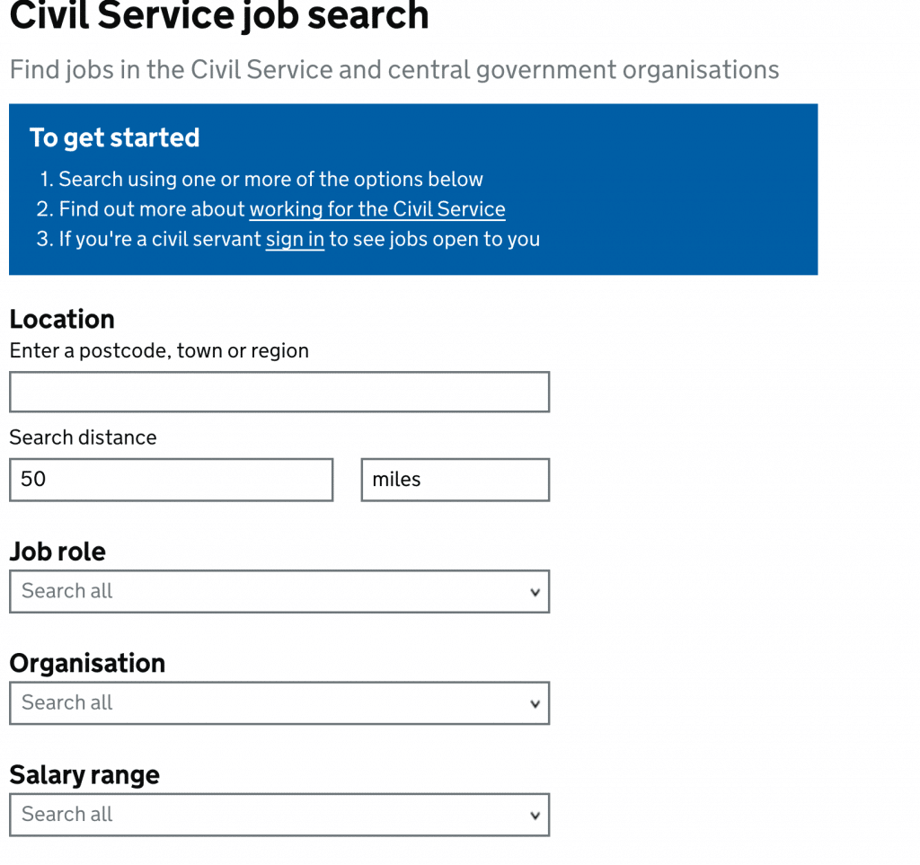Buscador de ofertas de empleo público en Reino Unido con criterios como zona, puesto, organización o sueldo