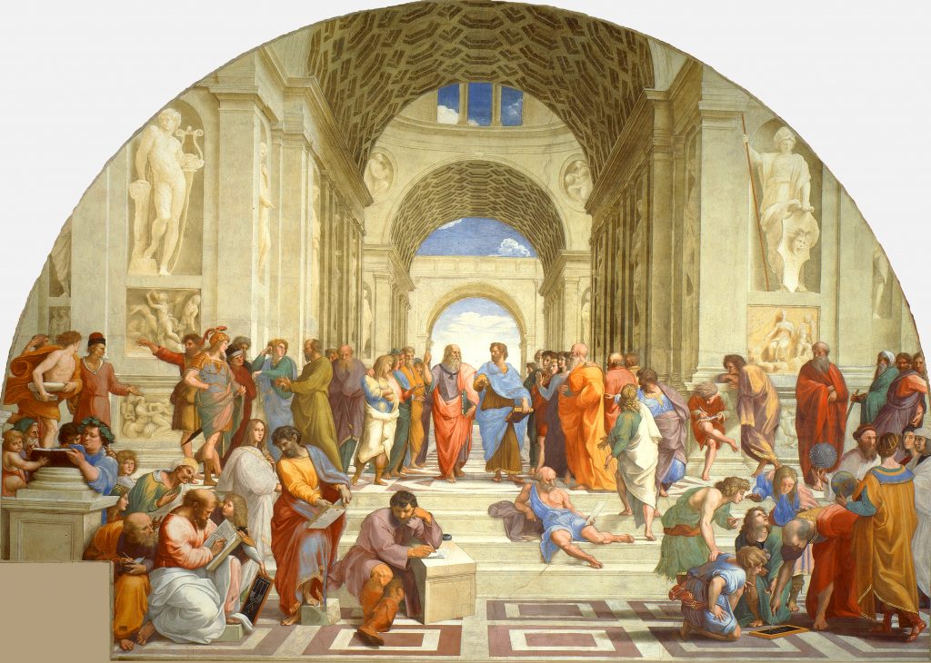Cuadro de la Academia de Atenas que escenifica el momento del paso del mito al logos