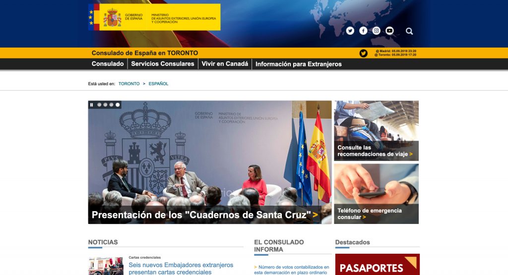 La página principal con cuatro grandes bloques: consulado, servicios consulares, vivir en canadá e información para extranjeros. Luego cada una de ellas tiene sus propias páginas.