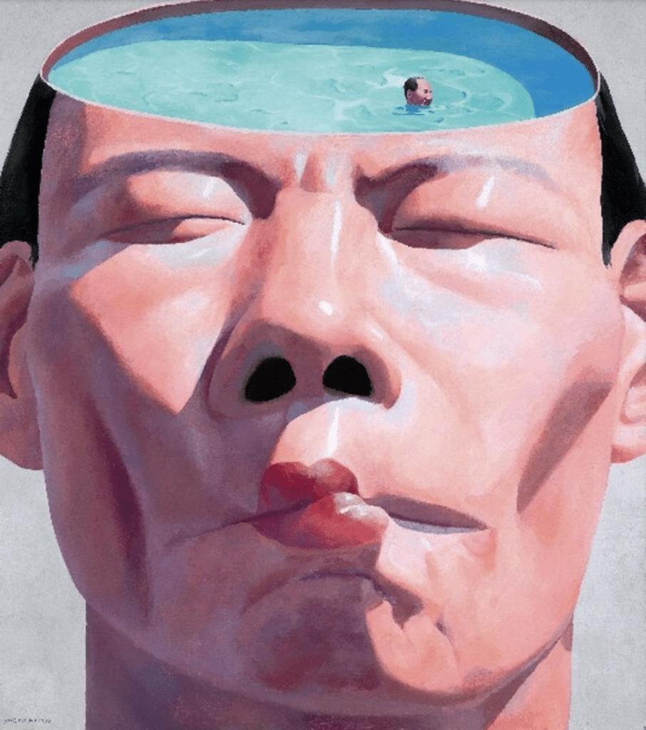 Cuadro de Yue Minjun con Mao Tse Tung nadando en la cabeza de una personas