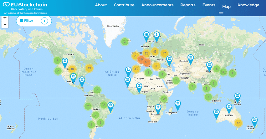 Mapa de iniciativas de blockchain en todo el mundo, donde europa muestra un alto número de casos