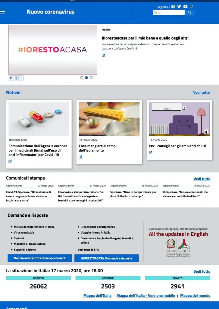 webs gubernamentales del covid19: Italia