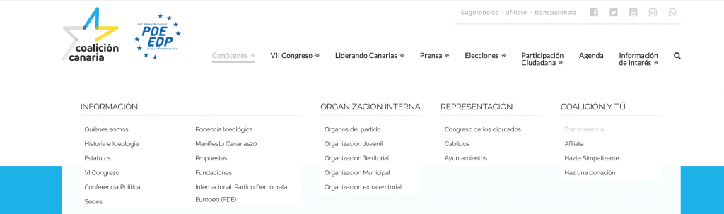 Coalición Canaria como la mayoría de partidos, tiene transparencia en el menú en el segundo nivel. 