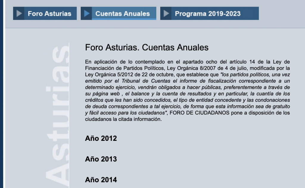 El apartado de transparencia de Foro Asturias que muestra las cuentas anuales del partido. 