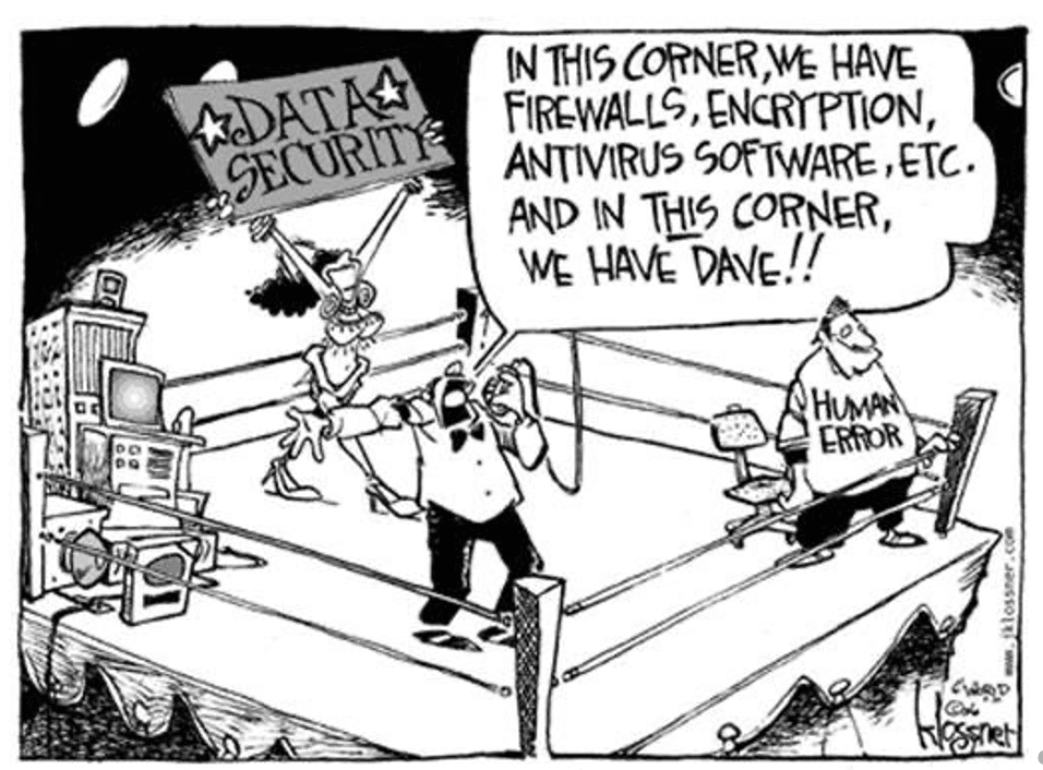 Viñeta en la que en un ring de boxeo vence el error humano a todos los dispositivos de seguridad habituales