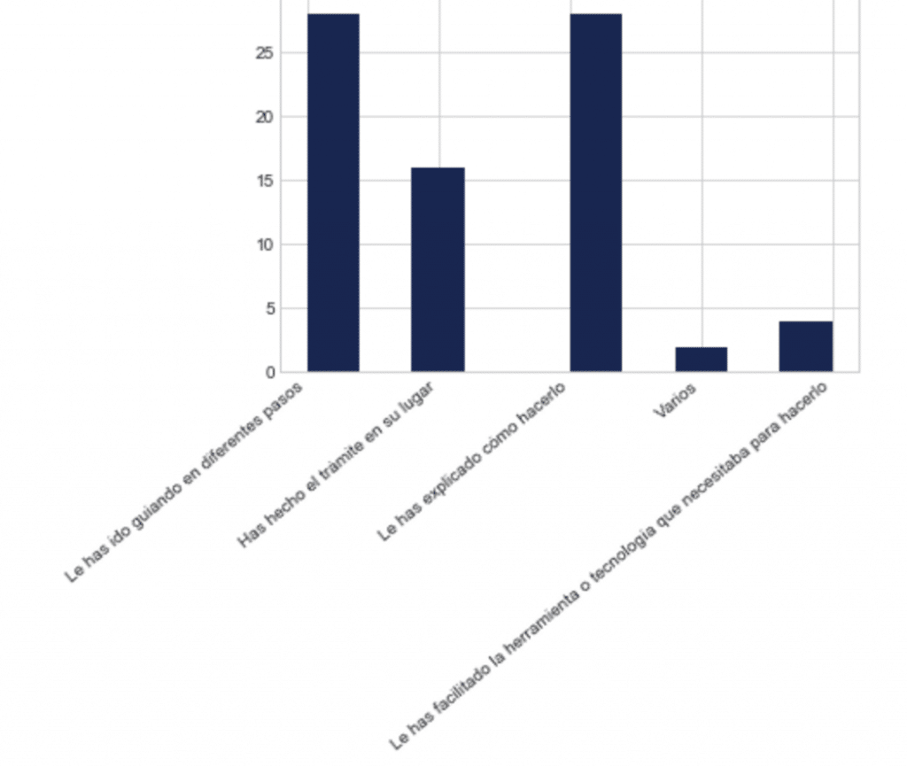 Los niveles medios de ayuda (explicación y guía) son los más frecuentes, seguidos de la realización del trámite en nombre de. La prestación de recursos u otros mecanismos tienen un uso marginal. 